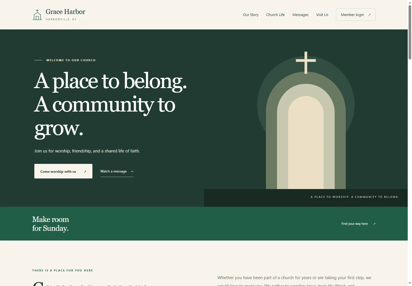 A real GPChurch website layout rendered with fictional church content.
