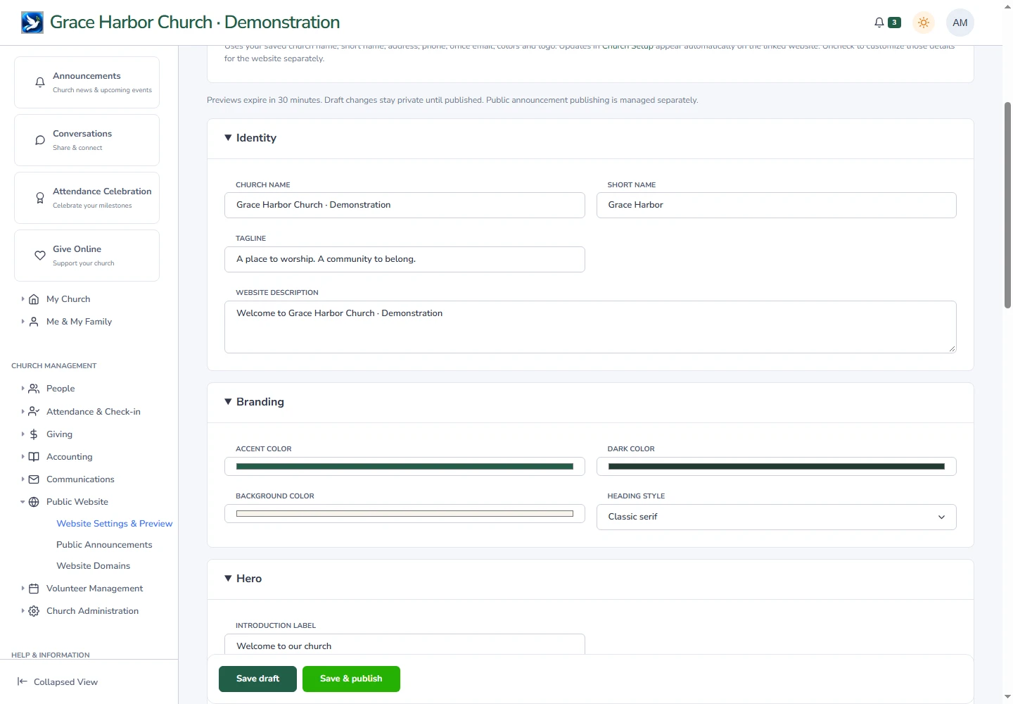 The real website content settings, with editable fields and publication controls.