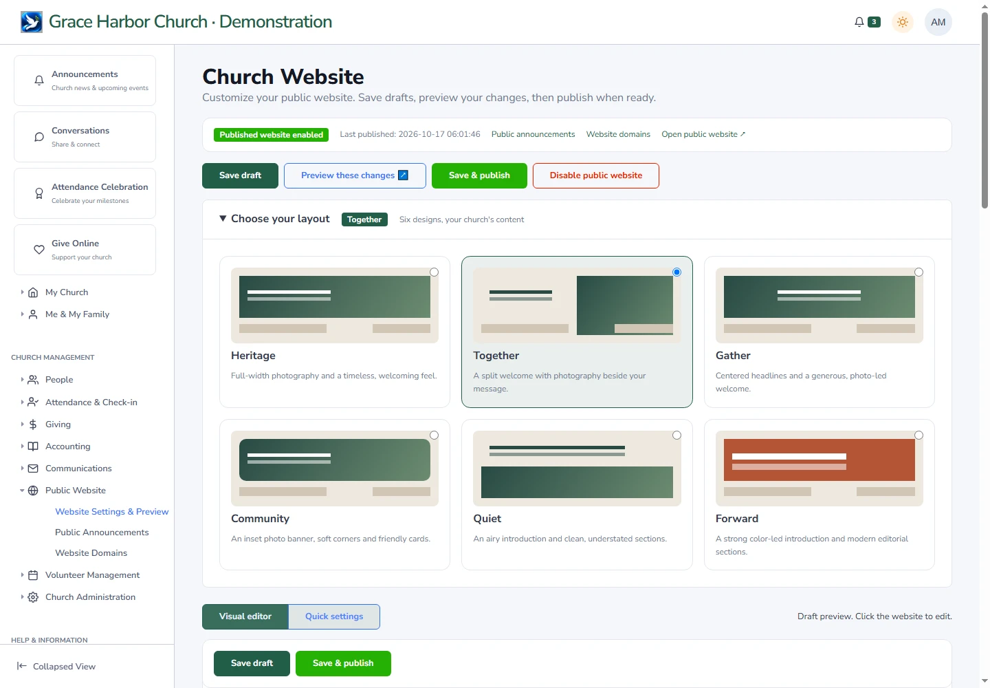 The real GPChurch website editor, with available templates, content controls, and a website preview.